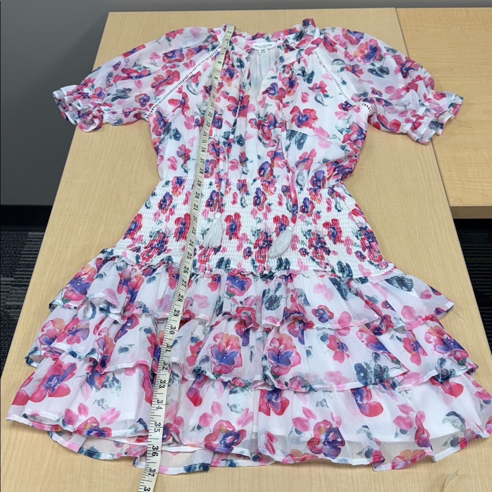 White Floral Dress with Pink and Purple Accents By Allison NY Size medium - Picture 4 of 16